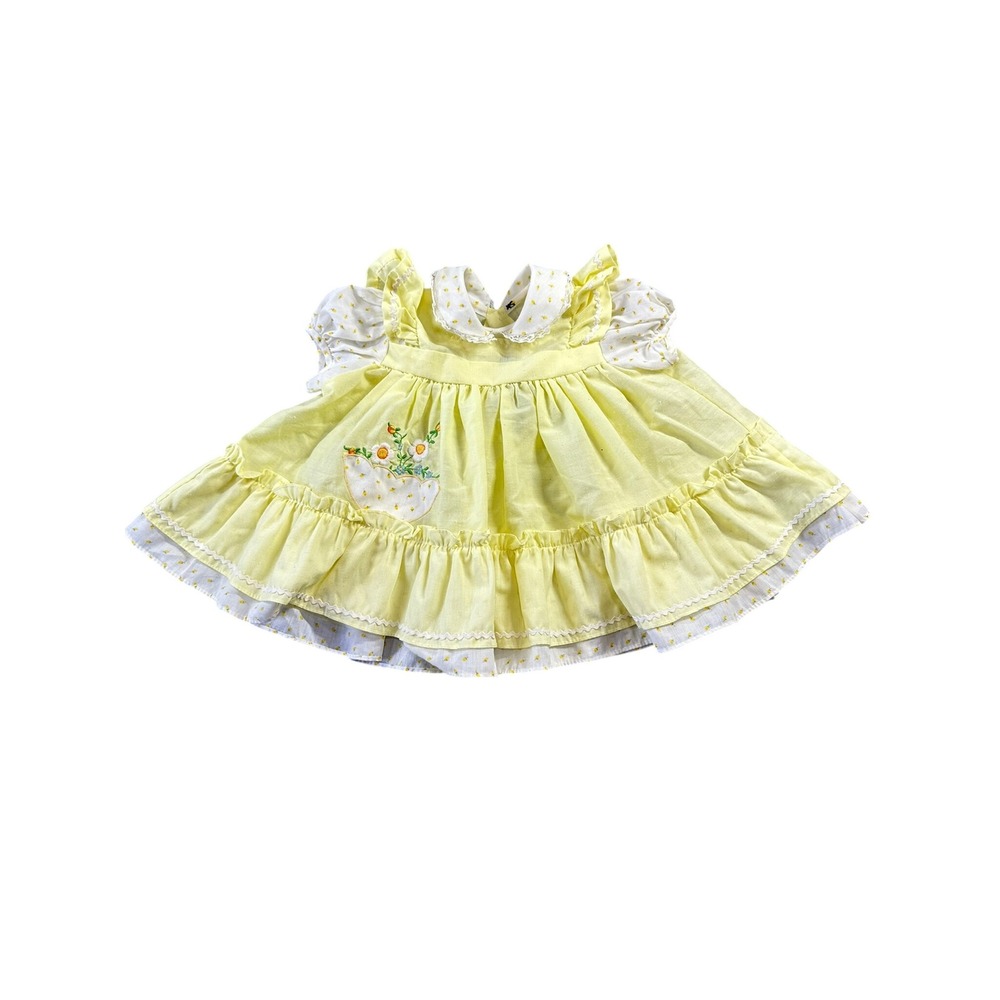 Vintage Yellow Ruffle Baby Dress Floral Embroidery Lace Trim Tiered 12-18M